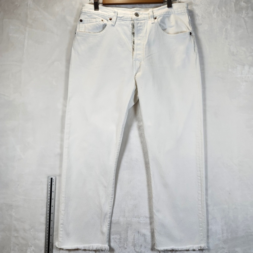 Levi's 501 Women's White Button Fly Straight Leg Jeans Raw Hem Size‎ 31 W 26 L
